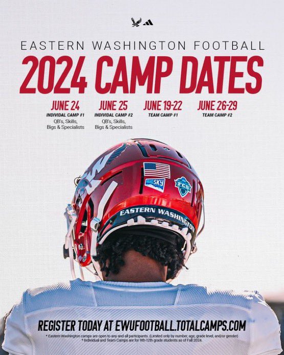 Look forward to balling out at the <a href="/EWUFootball/">EWU Football 🏈</a> camp this June. Thank you <a href="/Coach__McDonald/">Danny McDonald</a> for the invite. <a href="/CoachBestEWU/">Coach Aaron Best</a> <a href="/CoachBreddan/">Jeremy Breddan</a> <a href="/CoachHaydenMace/">Hayden Mace</a> <a href="/CoachNSaunders/">Nick Saunders</a>