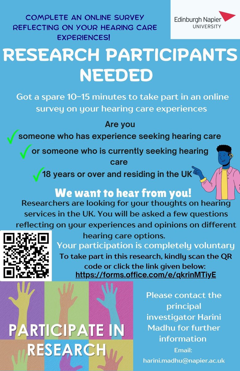 Hi all! I’m a PhD scholar investigating barriers to hearing service provision in the UK. If you are someone who has sought hearing care/ is currently seeking hearing care in the UK, I’m inviting you to participate in my research. Link: forms.office.com/e/qkrinMTiyE #hearingaiduser
