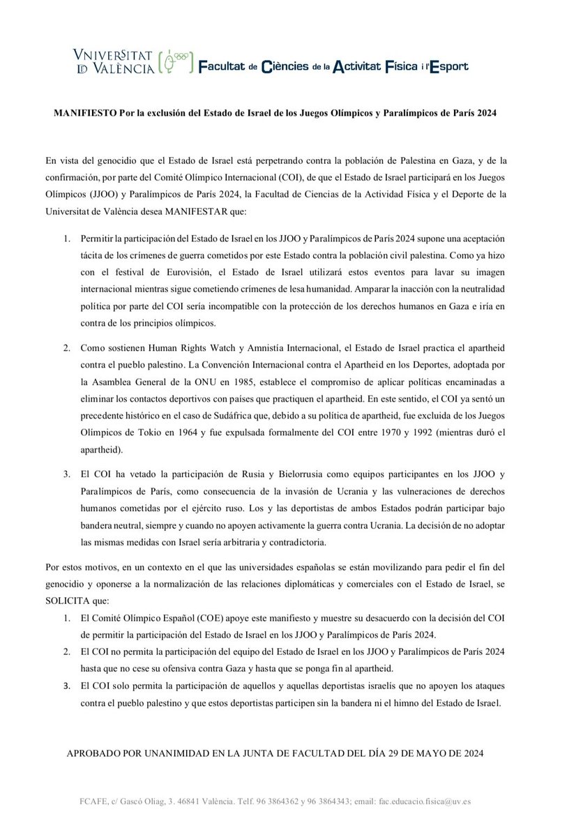 Davant el genocidi perpetrat contra la població civil de Palestina, la FCAFE @UV_EG ha aprovat per unanimitat un manifest per l'exclusió de l'Estat d'Israel dels #JJOO i Paralímpics de #París2024. Instem el @COE_es, @Paralimpicos, @deportegob i les facultats de CAFE a sumar-se!