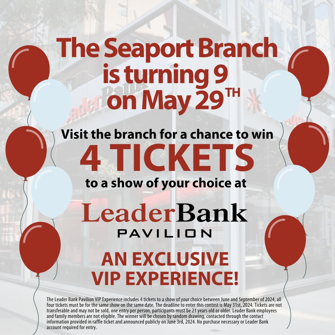 LeaderBank's tweet image. Oh how time flies! It's been nine years since our Seaport branch opened its doors &amp;amp; we're celebrating with a giveaway! Stop into our Seaport branch from now until May 31st to enter to win 4 tickets to a @LB_Pavilion show of your choice.

#Seaport #BostonSeaport #LeaderBank