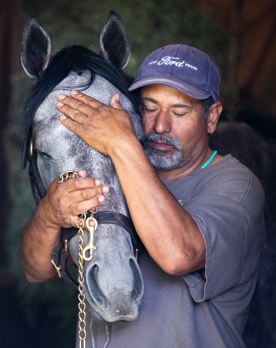 Belmont Stakes possible BATTEN DOWN after his post-gallop bath, pictured with his caretaker Adolfo. Beautiful moment between them!