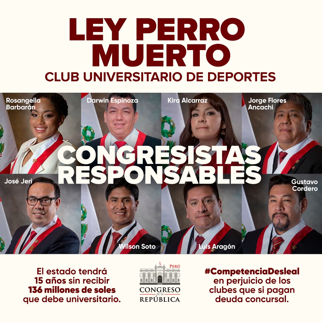 Estos son los responsables de la #LeyPerroMuerto, estos son los #EnemigosDelPuebloAliancista y #EnemigosDeTodosLosPeruanos. ¿Querían que nos metamos en política?, lo vamos a hacer, de la mano de toda la nación blanquiazul. Van a conocer con quién se están metiendo.