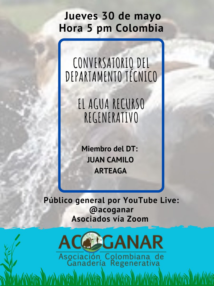 5to conversatorio mensual con el departamento técnico de ACOGANAR:

"EL AGUA RECURSO REGENERATIVO"

Miembro del DT: 
- Juan Camilo Arteaga

Público en general debe ingresar a el canal de Youtube.com/@acoganar a la hora y fecha programada.

#YoSoyAcoganar