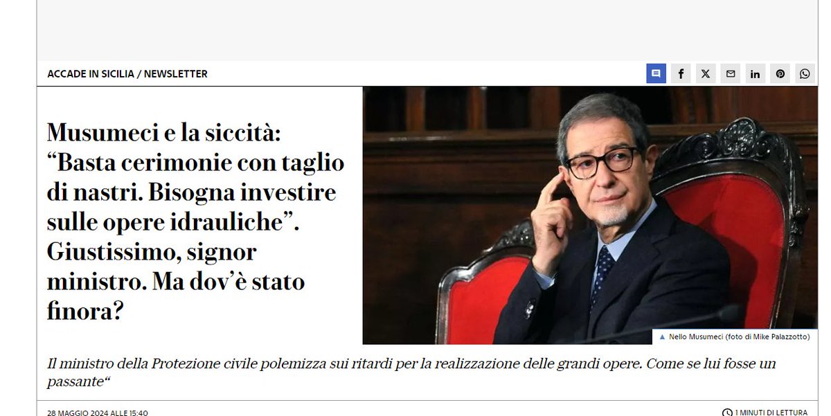 Ministro Musumeci,LEI è l'ultima persona  che può parlare di siccità. Lei è stato 5 ANNI Presidente della Sicilia,se invece di fare fiere equine e sagre avesse governato forse le cose oggi sarebbero migliori. BASTA CON QUESTO TROMBONE  #ITALIACHECONTA #29maggio