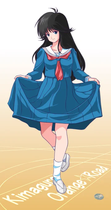 スカートをつまみ上げる、まどかさん……あの印象的な扉絵のファンアートかな(。'・ω・)?もちろんあの扉絵の後元にも及ばないんだけど(;'Д`A ```"スカートをつまみ上げる" 姿が好きなんですよ、俺。#きまぐれオレンジロード生誕40周年 #きまぐれオレンジロード #鮎川まどか 