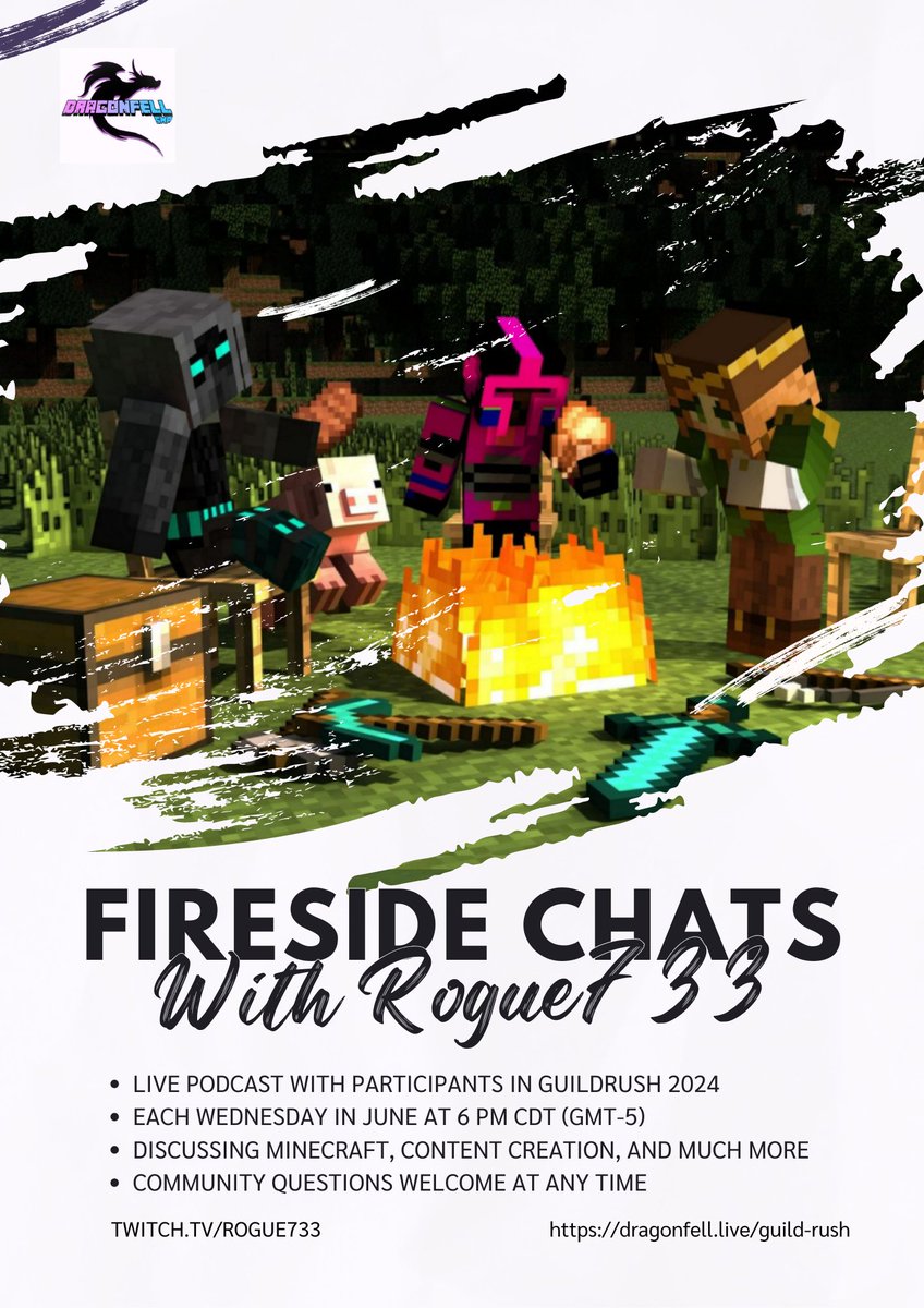 DragonfellSMP's tweet photo. We are happy to introduce Rogue's Fireside Chats!🔥🔥

These are going to be live podcasts during GuildRush 2024 where members of different teams get together to chat and hang out!

A great way to celebrate the friends we make &amp; the experiences we share!

https://t.co/EQgu57fQhd https://t.co/VOqrNuHY09