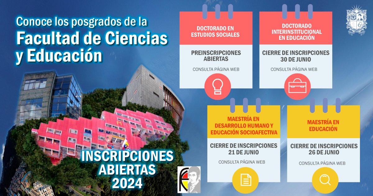 ¿Sabías que en este momento se encuentran abiertas las inscripciones de 11 programas de posgrado de la Facultad de Ciencias y Educación?
Revisa el que más se adecue a tu interés posgradual y se parte de uno de nuestros posgrados: fciencias.udistrital.edu.co/programas-posg…