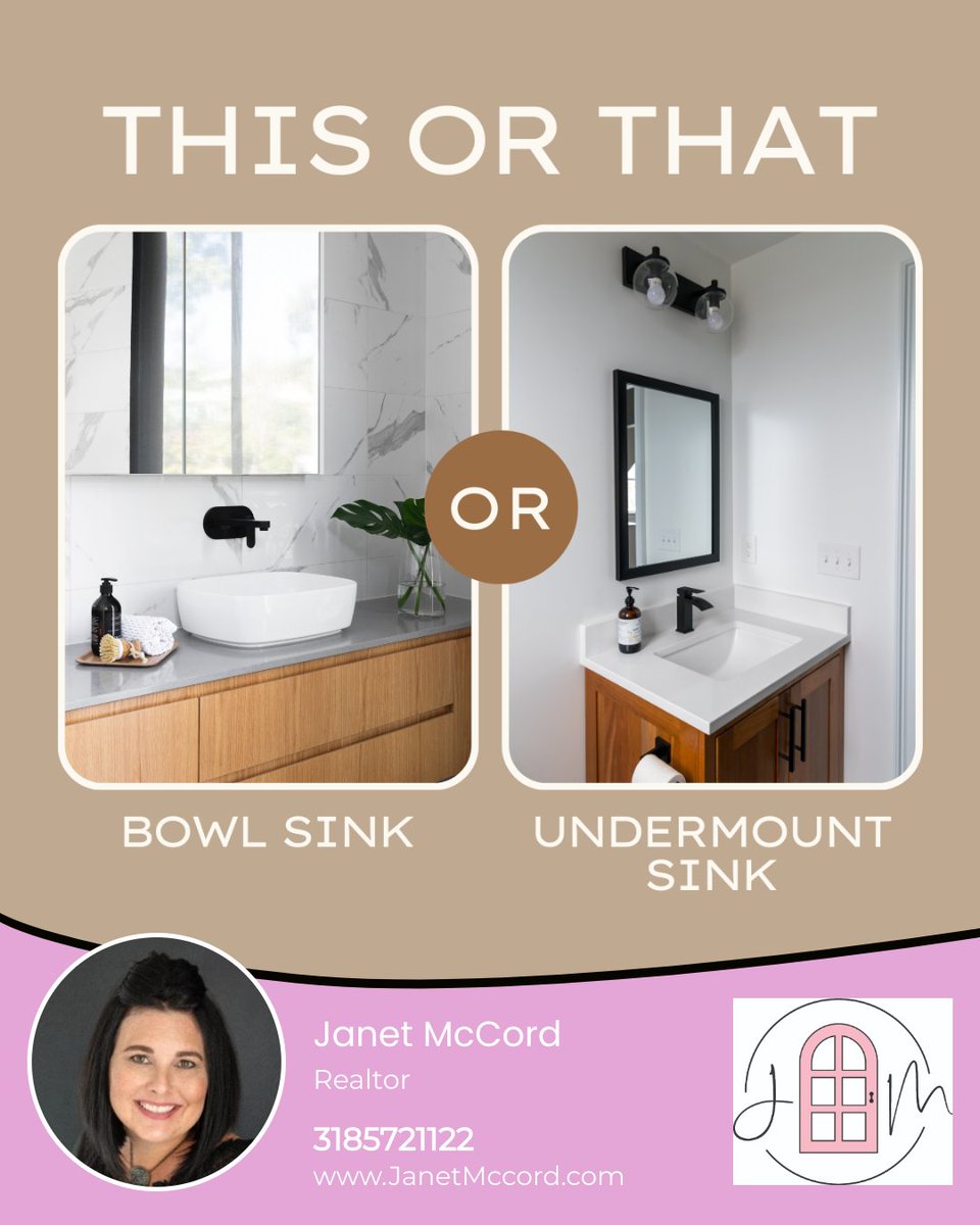 Transform your bathroom with the perfect sink: bold bowl for a statement or seamless under-mount for timeless elegance. What's your choice? 

#janetmccord #janetmccord #janetmccordrealtor #realestate #myhometownrealtor #mccordproperties #bathroomdesign #luxuryliving #homespa