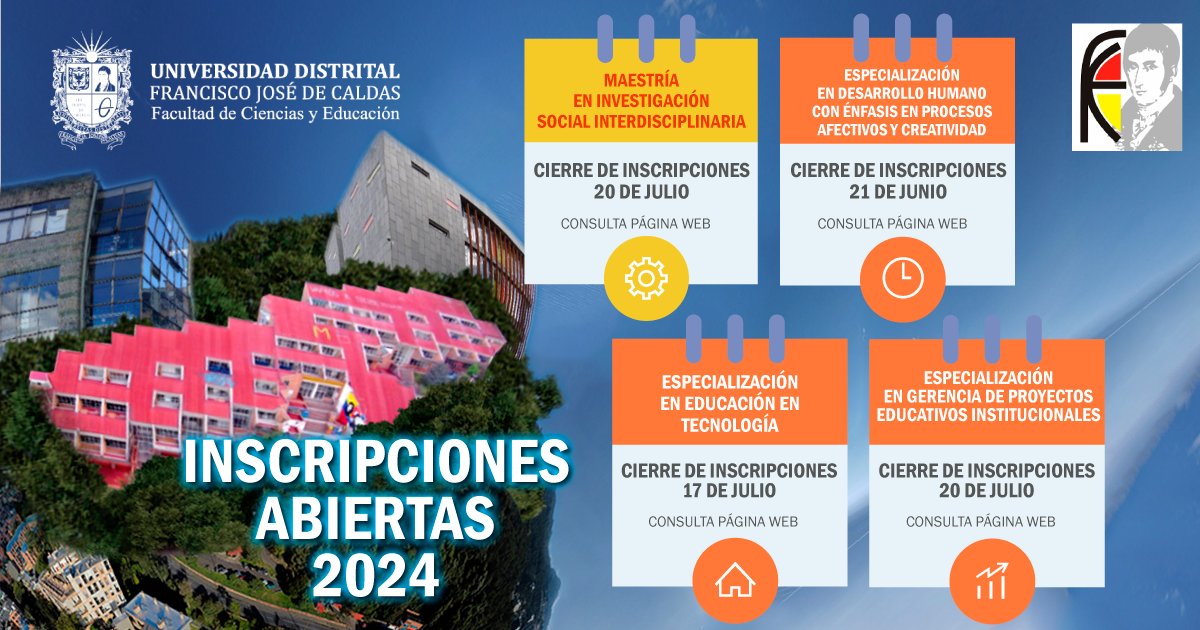 ¿Sabías que en este momento se encuentran abiertas las inscripciones de 11 programas de posgrado de la Facultad de Ciencias y Educación?
Revisa el que más se adecue a tu interés posgradual y se parte de uno de nuestros posgrados: fciencias.udistrital.edu.co/programas-posg…