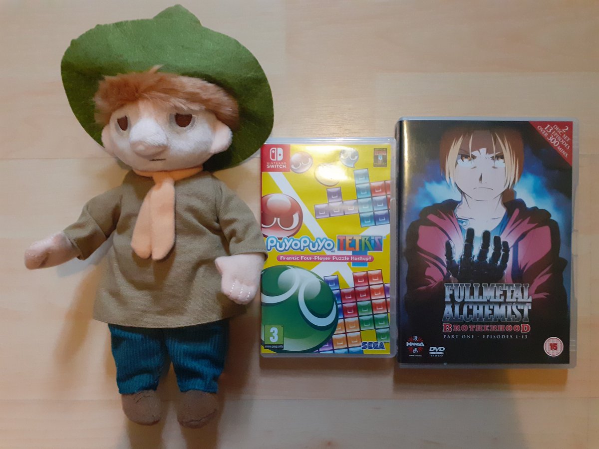 Picked up a couple things today. Been looking for a copy of Puyo Puyo Tetris for ages, finally have a good way to watch FMA Brotherhood, and Snufkin is very very good