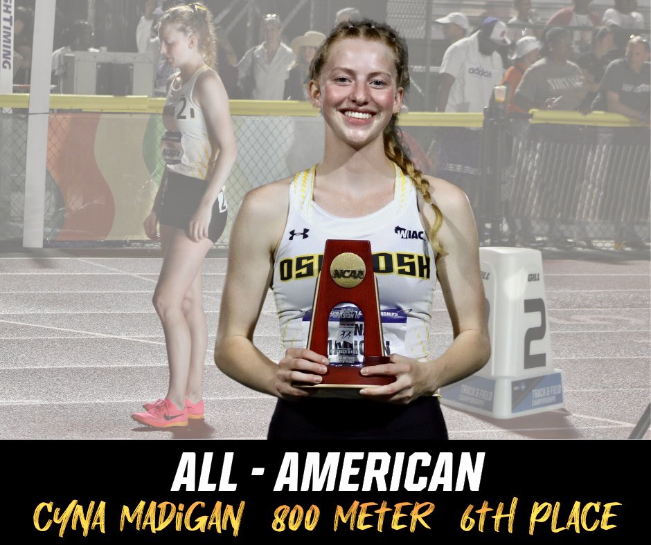 UWOTF_CC's tweet photo. Cyna Madigan earned her second outdoor NCAA All-America honor with a 6th place finish in the 800m, running a time of 2:10.99. 

She is also currently #4 in UWO history in the 800m with a PR of 2:09.20 earned earlier this season. https://t.co/8haQJr1NKz