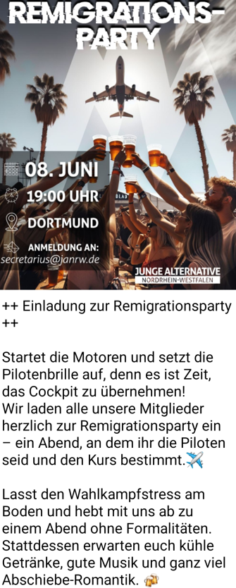 Am 8.6. lässt #AfD-Bundestagsmitglied Matthias #Helferich aus #Dortmund seine Junge Alternative in seinem Wahlkreisbüro eine Deportationsparty 'mit ganz viel Abschiebe-Romantik' feiern. Leid und Vertreibung Anderer zu feiern zeichnet diese Neofaschisten aus. #nonazisdo #nonazis