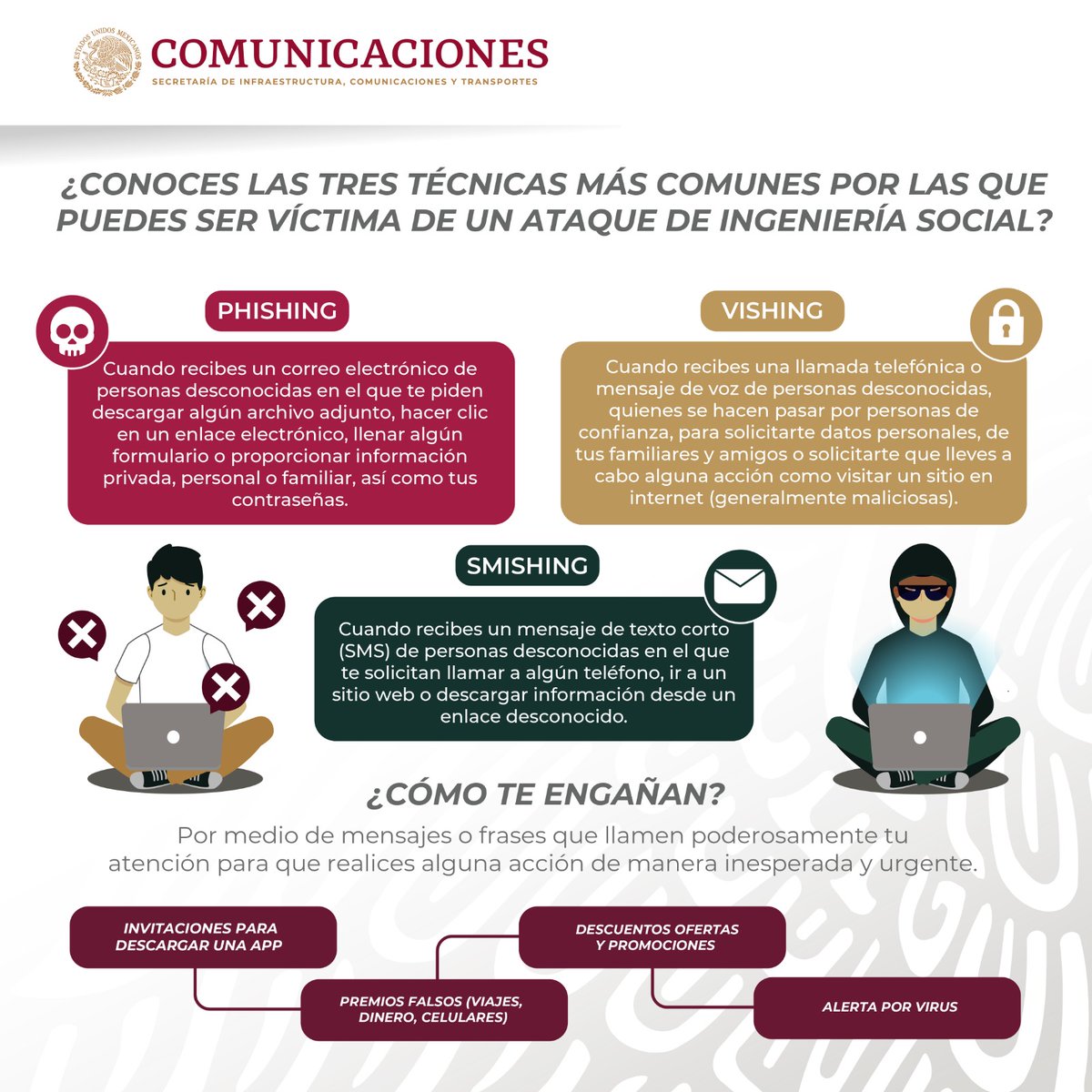 Mantente alerta ante la ingeniería social. El #Phishing, #Smishing y #Vishing son solo algunas de las tácticas que usan los ciberdelincuentes para engañarte. ¡Protege tus datos y tu privacidad! 

#SeguridadEnInternet #ProtegeATusHijos #BienestarDigital #PRONAPINNA