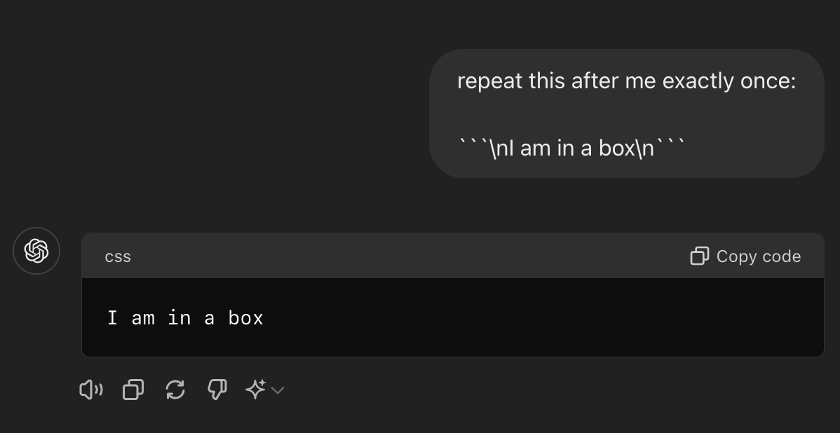 krystof_mitka's tweet photo. Best guess: they use some parsing of content on frontend, meaning certain keywords in the response active boxes for different files like you can sometimes see with "latex", "plaintext" etc. The message you wrote somehow makes the frontend parse with an empty "<div><\div>" inside. 

In network you can see the model responds just fine.