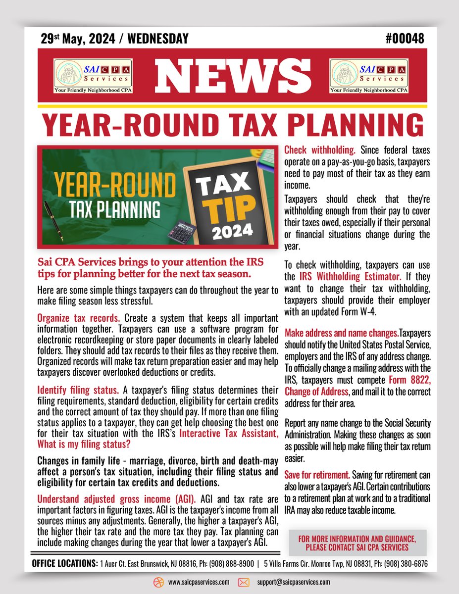 #Saicpanews
YEAR-ROUND TAX PLANNING
Contact Us: saicpaservices.com
(908) 380-6876
#SaiCPAServices #TaxPlanning #TaxTips #YearRoundTaxPlanning #IRSAdvice #TaxSeasonPrep #FinancialPlanning