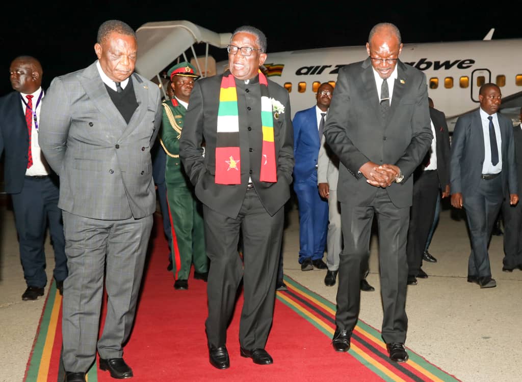 President Emmerson Mnangagwa is back from Nairobi, Kenya where he attended the 59th African Development Bank (AfDB) Meetings. He was received at the Robert Gabriel Mugabe International Airport by the two Vice Presidents, General (Rtd) Dr Constantino Chiwenga and Cde Kembo