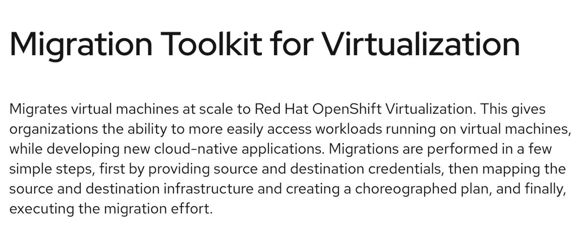 It's #TimeforTechTuesday! Think about migrating your #VMs w/the Migration Toolkit for #Virt of @RedHat OpenShift #Virtualization! Want to more easily access workloads on VMs while developing new #cloudnative apps? Browse the latest toolkit docs today: bit.ly/4bVcTUt