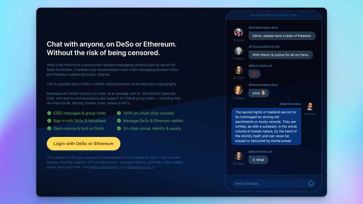 desoprotocol's tweet photo. DeSo Chat Protocol (DCP) is here to revolutionize on-chain messaging.

Nearly all Web3 communication is done on centralized platforms like X, Discord, and Telegram.

Built on the DeSo blockchain, DCP offers unparalleled security, privacy, and encryption.

Here's how 🧵 https://t.co/WnIVNumGRf