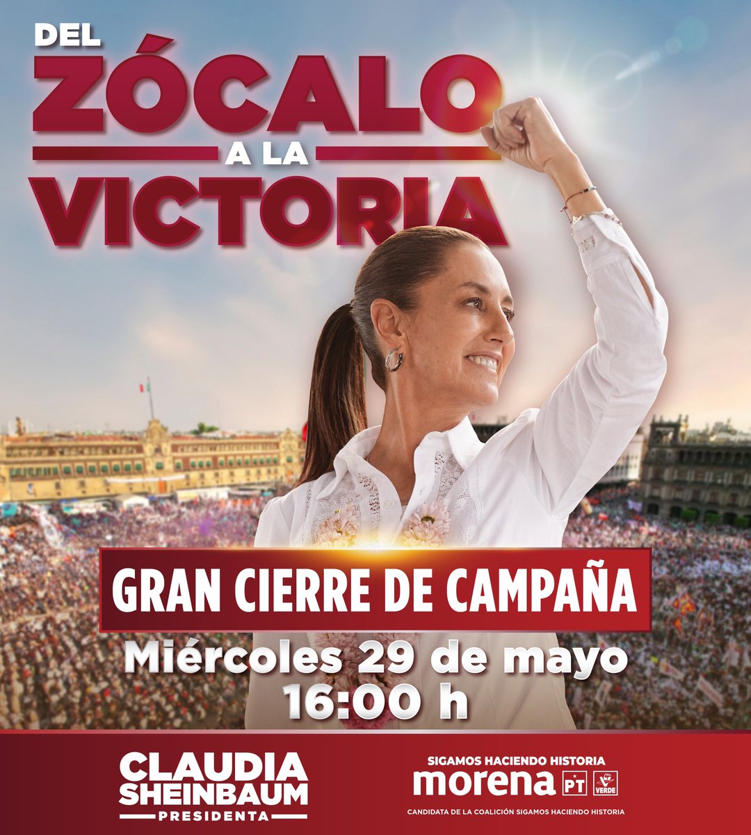 Todos #AlZocaloConClaudia @Claudiashein Es hoy , Es hoy. 4 de la tarde. #ClaudiaPresidentaDeMexico2024 #VotoMasivoPorMorenaPTPVEM #PlanC_YaEstaEnMarcha