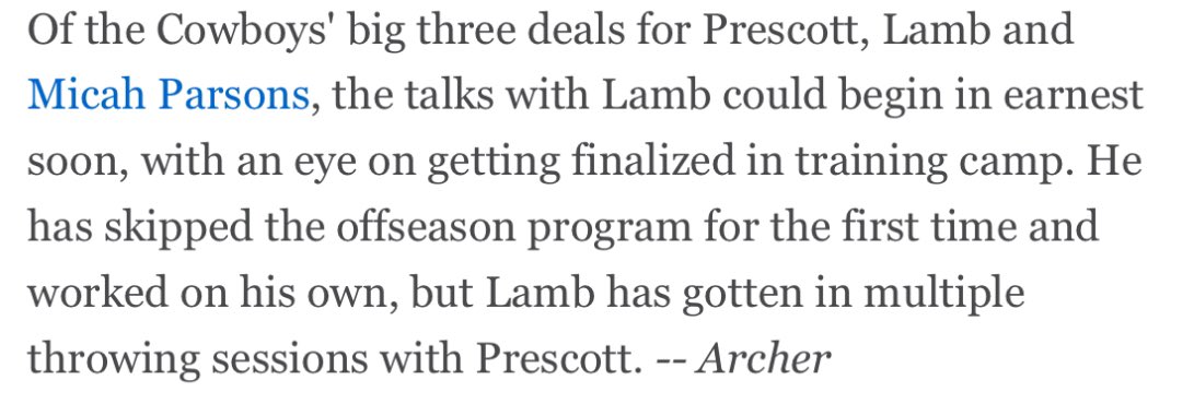 Where things stand with #Cowboys CeeDee Lamb and contract negotiations per @toddarcher:

It looks like Oxnard Air could get another win in July. Something about California makes the ink dry faster 🤟

Full article: espn.com/nfl/insider/st…