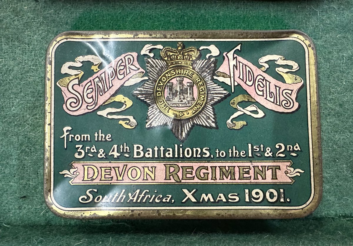 BygonesTorquay's tweet image. Very pleased to have finally added this rare Devonshire Regt Boer war tin to our collections. Even more remarkable and maybe unique attributed to the soldier&amp;amp;  displayed in period aframe . With his campaign medals and QV tin @ProfPeterDoyle @Taff_Gillingham #Boerwar #Devons