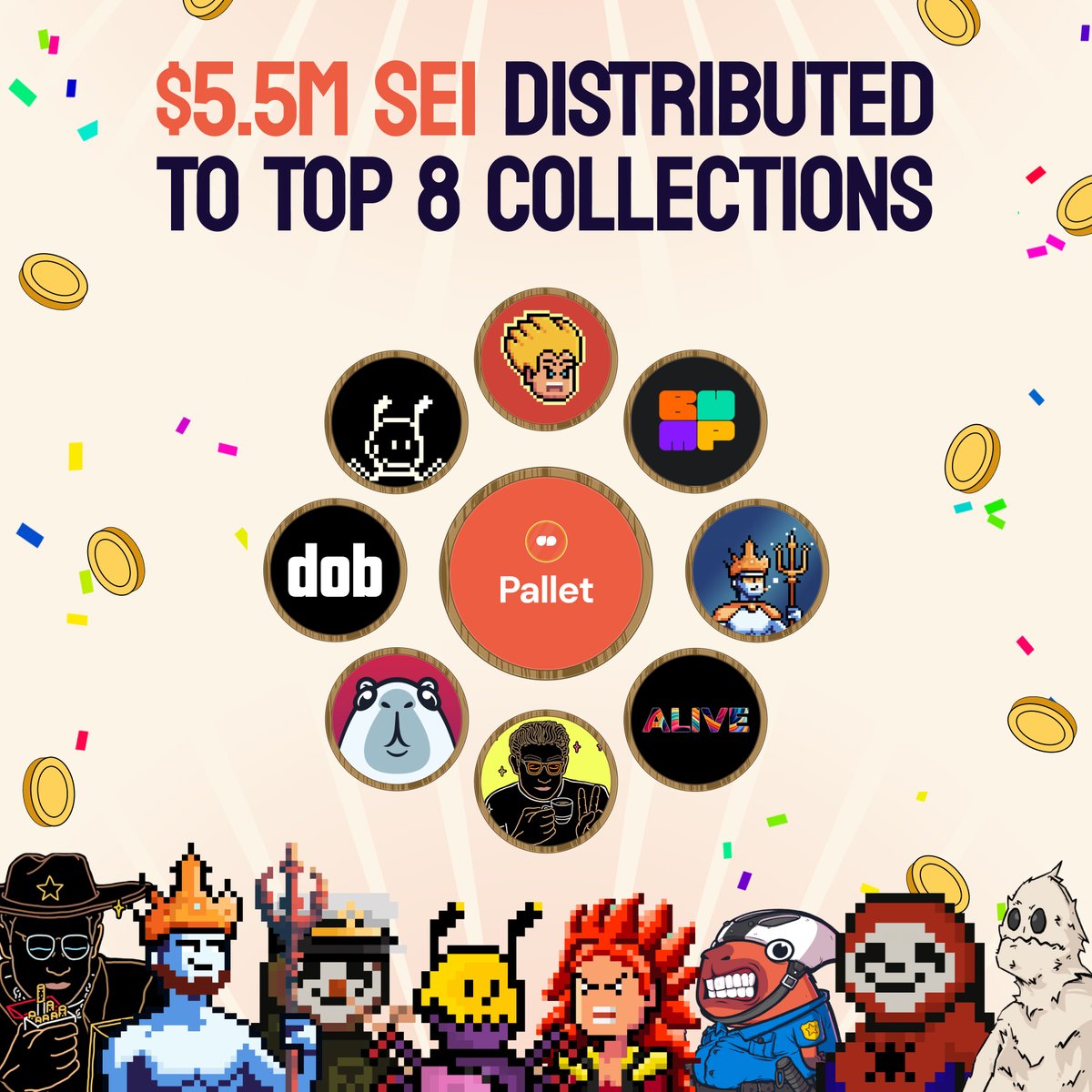 Pallet is proud to share that 10.5M+ $SEI ($5.46m) in airdrop has been allocated to our Top 8 collections via <a href="/Sei_FND/">Sei Development Foundation</a> 👀🟠

As Sei NFT pioneers, we've been the home for these collections that have paved the way since Day 1. 

NFTs on $SEI are here to stay. Who will be next? 💸