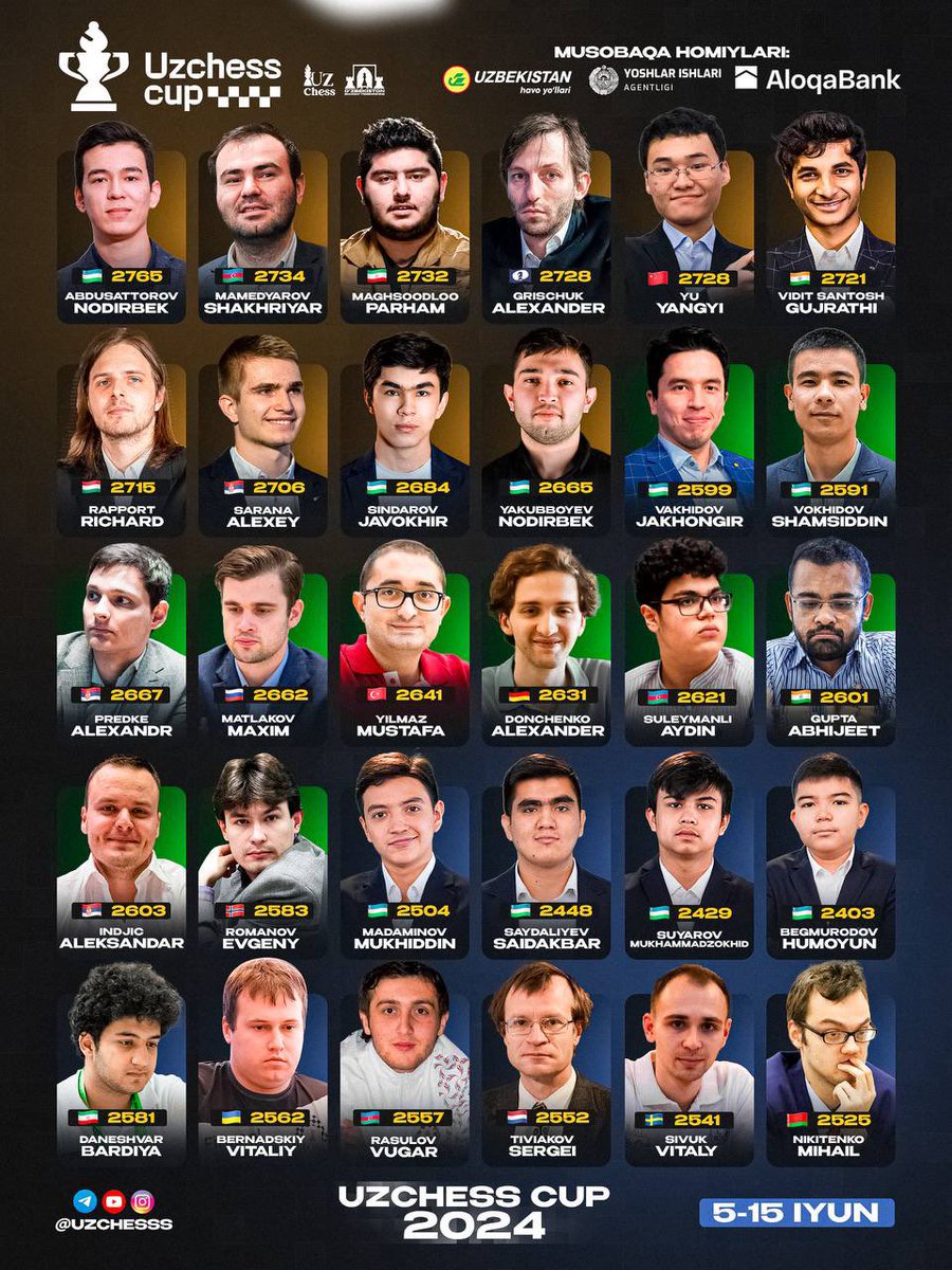 #RT

Do’stlar, yordamingiz kerak. <a href="/Uzchesss/">Uzchess</a> katta turnir boshlab qo’ydik. Maqsadlar katta, rejamiz #uzchesscup ni doimiy brend loyihaga aylantirish. Xorijiy va mahalliy OAV bilan hamkorlikka ochiqmiz. Izohlarda qaror chiqaruvchi yoki OAVlarga aloqasi borlarni belgilab ketsangiz.