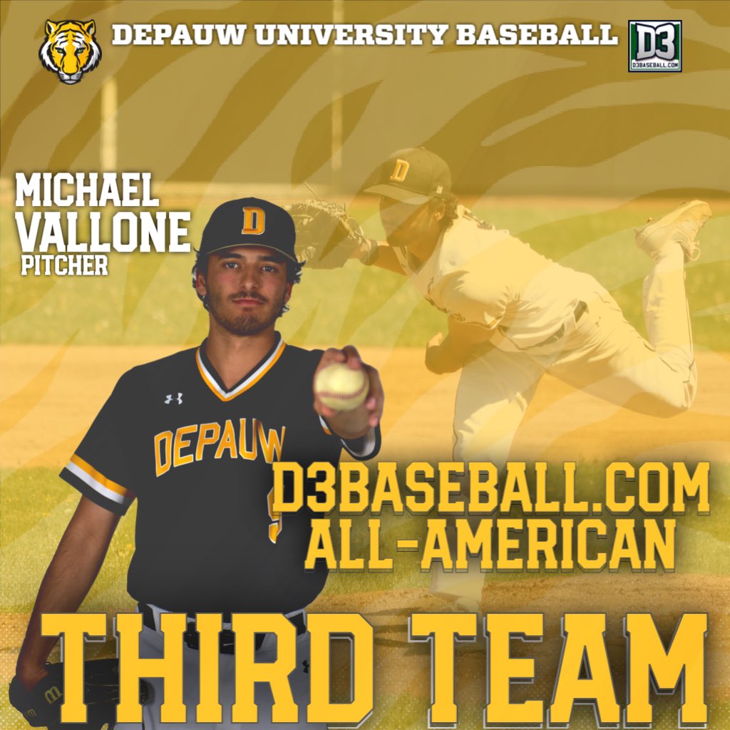 DePauwAthletics's tweet photo. The accolades keep rolling in for senior @DePauwBaseball pitcher Michael Vallone! The @d3baseball All-America Team selections were released earlier today and Vallone was named to the https://t.co/LpZ4UxDv5Y All-America Third Team. #TeamDePauw #d3baseball #GoldWithin https://t.co/tLMNY61EBE