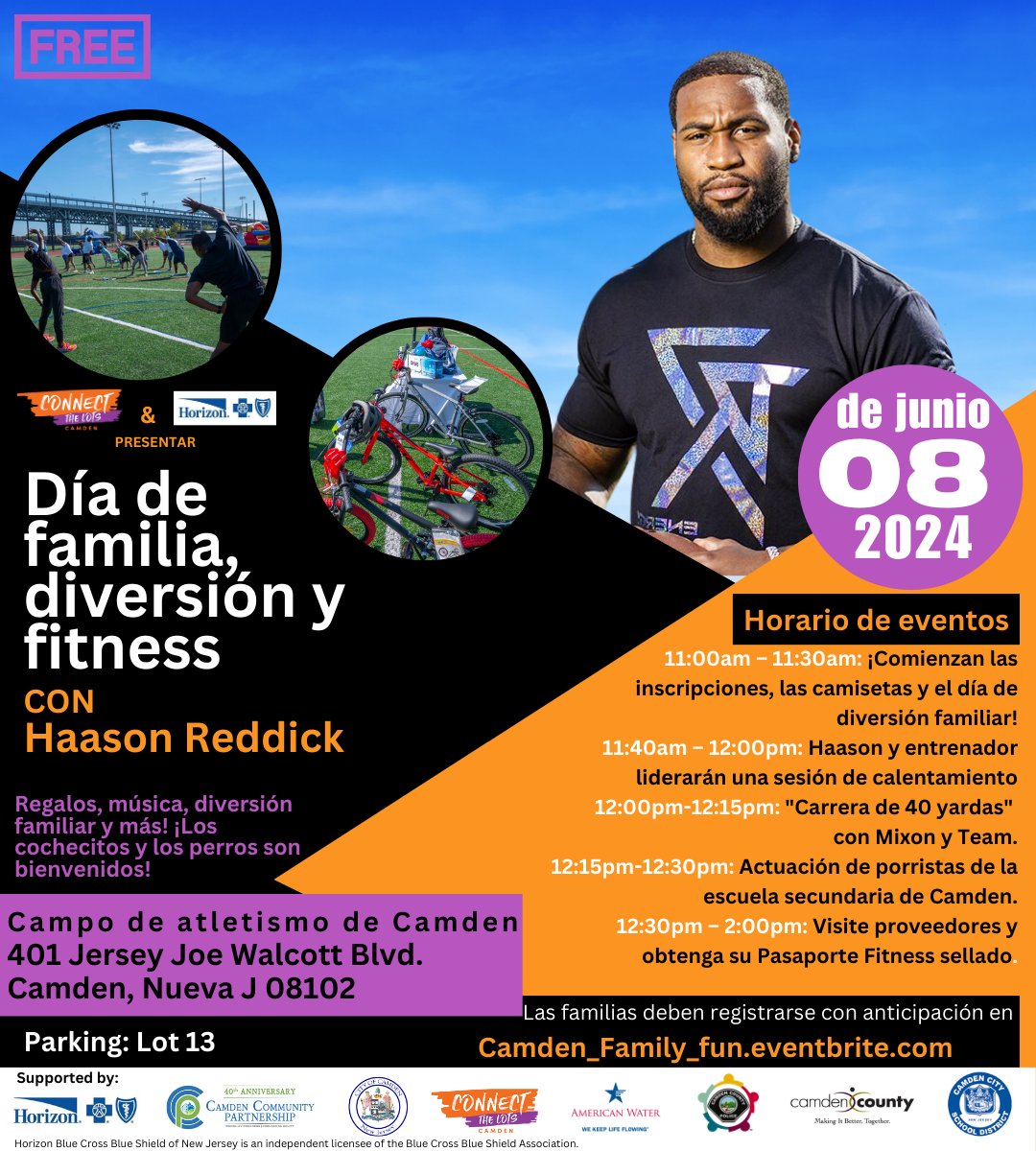 Join NFL-All Pro and Camden native, Haason Reddick for an action-packed day of fitness challenges, giveaways, & fun at the Camden Athletic Fields on June 8th! Register by visiting: eventbrite.com/e/camden-famil…