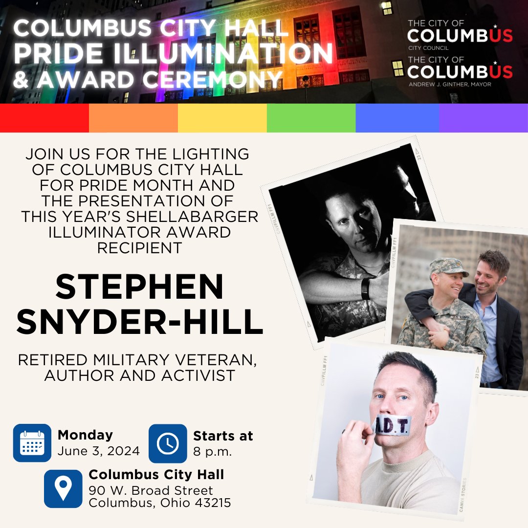 Join us for our annual City Hall Pride Illumination Ceremony this Monday night!  Celebrate the start of #PrideMonth with a night of lights, love and community.

We are thrilled to honor Stephen Snyder-Hill, this year's recipient of the Shellabarger Illuminator Award. #Pride