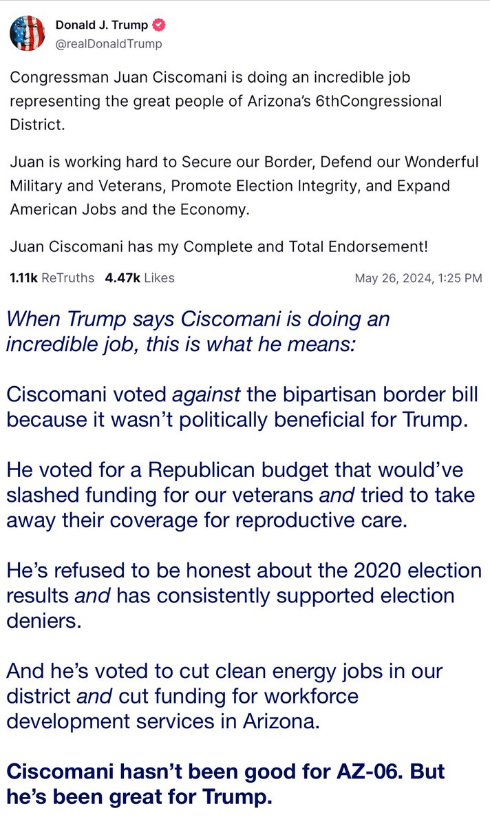 Congressman Ciscomani says he’s moderate, but he’s just been endorsed by Trump.  There’s nothing moderate about that.
❌ Support for Nationwide Abortion Ban
❌ Not passing Border Legislation for political gains
❌ Not committing to supporting the winner of the 2024 election