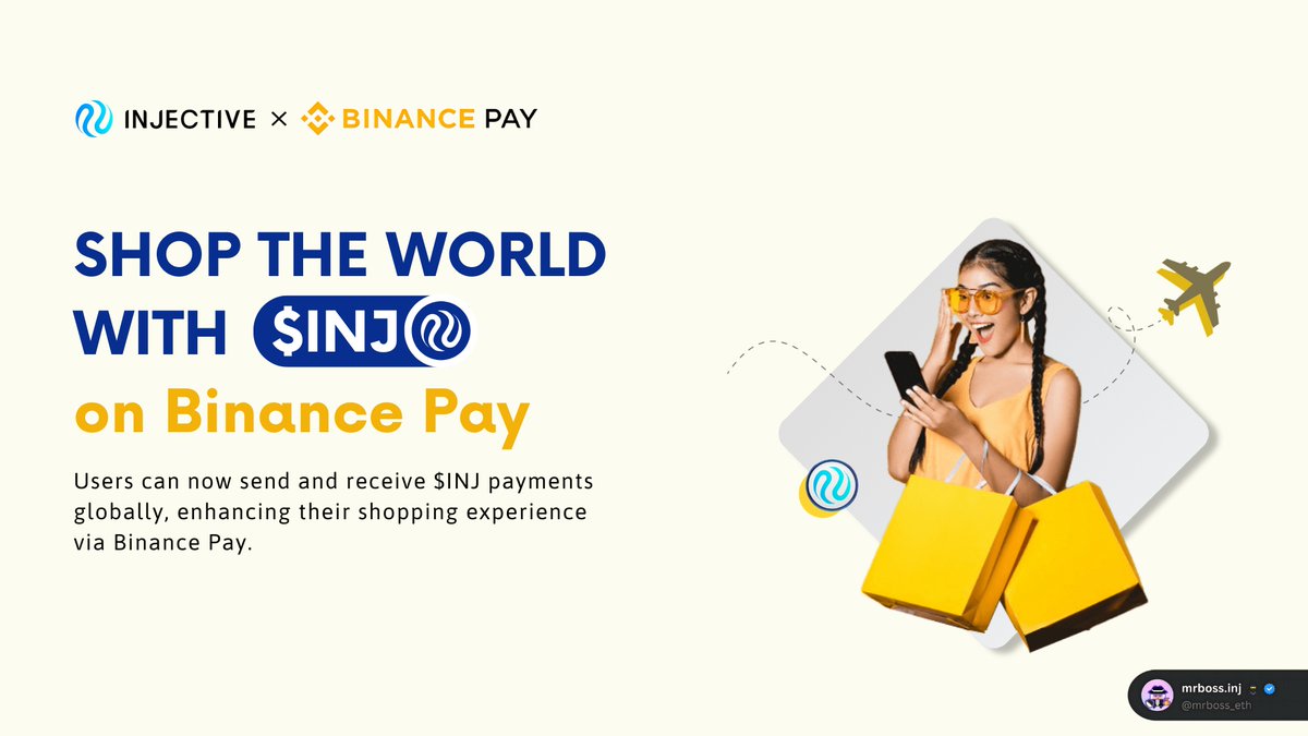 . @Binance Pay now supports $INJ, allowing millions of users across the globe to pay and shop with $INJ! 🛍️

From flights to hotels and beyond, you can now spend $INJ for real-world transactions, expanding the reach of the @Injective ecosystem Worldwide 🧑🏻‍💻.