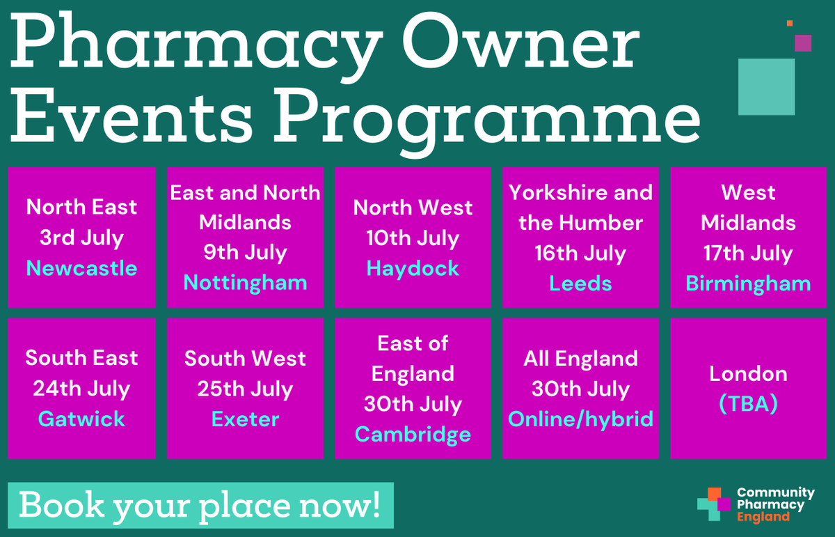 Community Pharmacy England (@compharmengland) on Twitter photo We are holding a series of regional events across the country as part of our commitment to continue engaging with pharmacy owners and LPCs. We encourage pharmacy owners to register for these free events in advance, as spaces are limited.
Book now 👉 bit.ly/3VlQv0Q We are holding a series of regional events across the country as part of our commitment to continue engaging with pharmacy owners and LPCs. We encourage pharmacy owners to register for these free events in advance, as spaces are limited.
Book now 👉 bit.ly/3VlQv0Q