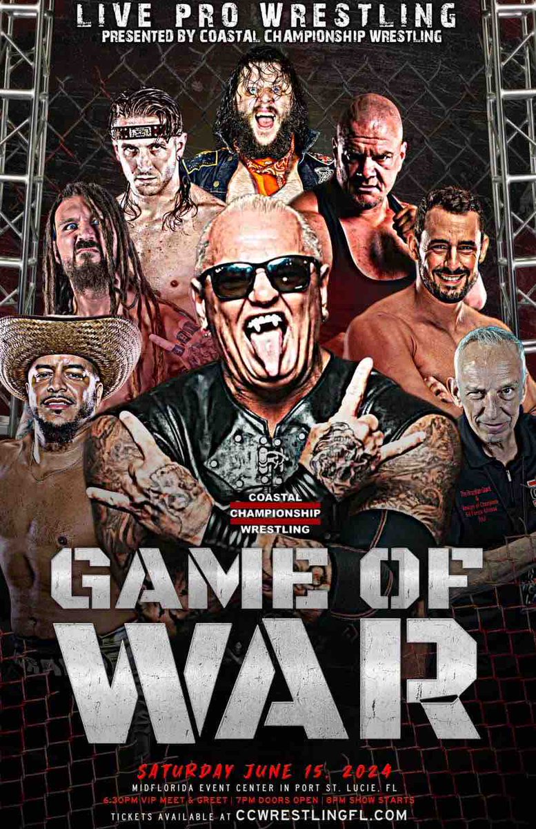 🚨 TREASURE COAST 🚨 CCW returns to PORT ST. LUCIE on June 15th with a massive show! Two rings, one steel cage. It’s the wildest show of the year: the Game of War! Don’t miss it! Get tickets: ow.ly/6u4U50RV5iM