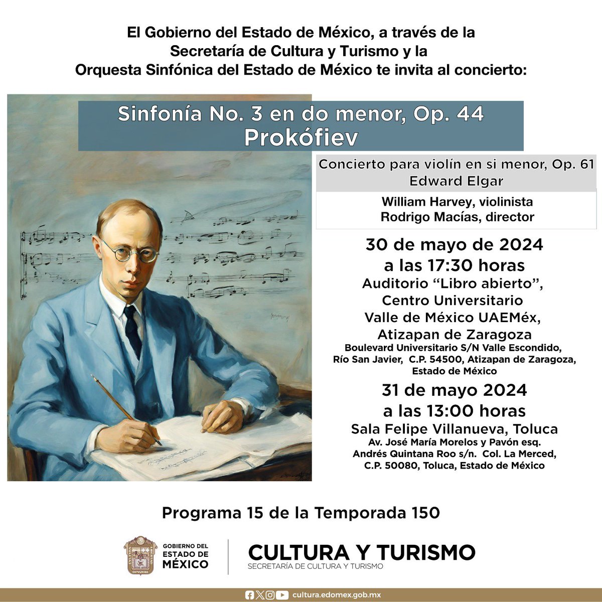 OSEMoficial's tweet photo. 🚨Anuncio importante 🚨
El concierto del viernes 31, se llevará a cabo de manera extraordinaria a las 13:00 horas, en la Sala de Conciertos Felipe Villanueva en Toluca.
Las y los esperamos en un imperdible #Programa14 con obras de von Weber, Elgar y Prokofiev.
Entrada libre‼️ https://t.co/mlZrhrXjdM