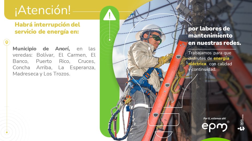 ⚠️⚡️Este jueves 30 de mayo habrá #InterrupcionesProgramadas de #EnergíaEPM en el municipio de Anorí de 9:00 a.m. a 4:00 p.m. Conoce las veredas aquí 👇