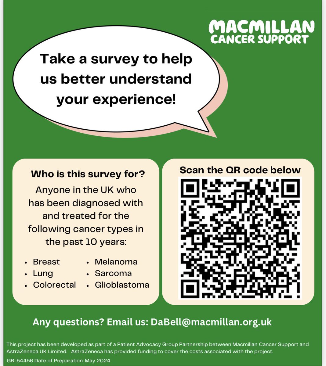 Help us understand experience of cancer diagnosis/decision making around treatment. Use the QR code to access the survey and share your experience of biomarker testing also known as genomic or molecular testing