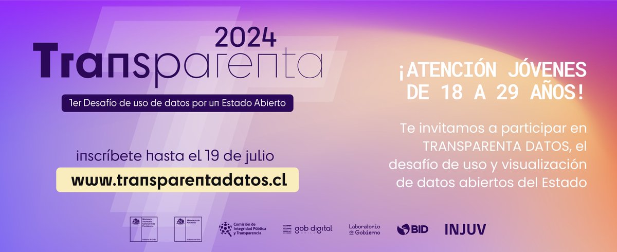 ¡LANZAMOS la 2da convocatoria #TransparentaDatos junto a @Integridad_gob! 👩🏻‍💻 Si tienes entre 18 y 29 y amas los datos abiertos, este concurso es para ti. Usa el #DataStorytelling con datos del Estado para contar historias asombrosas 🤩 Inscríbete acá transparentadatos.cl