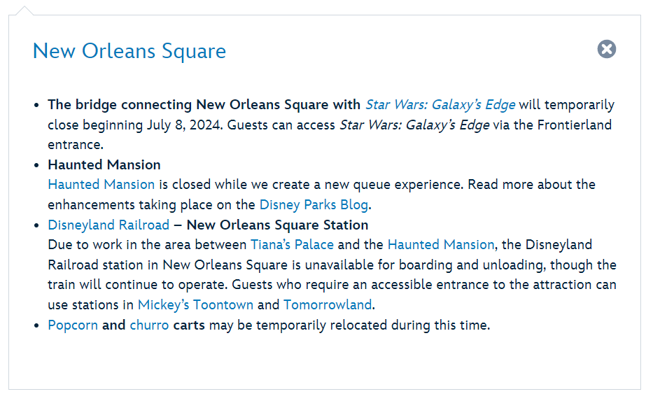 ScottGustin's tweet photo. NEW: Disneyland shared updates to construction in New Orleans Square and Critter Country. 
On July 8:
- Hungry Bear Restaurant will close for refurb
- Davey Crockett's Explorer Canoes will temporarily close
- Bridge from New Orleans Square to Galaxy’s Edge will temporarily close https://t.co/jPz1HimwCn
