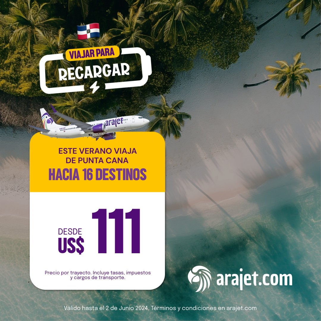 ERREDEEE🇩🇴, ¿Listos para viajar este verano al mejor precio? 😎☀️🛫 *Punta Cana vía conexión en Bus🚍 Promo válida solo al adquirir tarifa SMART y volar a partir del 15 de junio 2024 hasta el 15 de diciembre 2024. ¡Tienes hasta el 2 de junio para comprar, RESERVA YA! 🤩