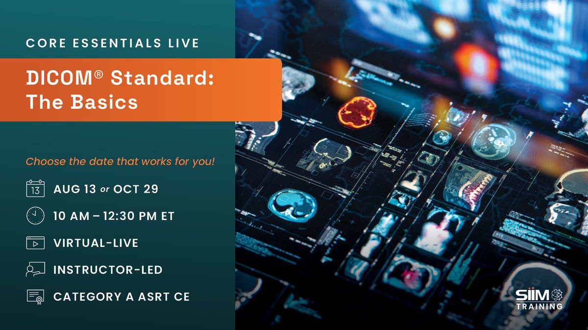 #SIIMTraining Core Essentials Live: #DICOM® Standard—The Basics is great for professionals who support, manage & develop #MedicalImaging devices! Sign up today!

Category A ASRT CE | Virtual-Live
Multiple date options: Aug 13 / Oct 29
Register | ecs.page.link/P61nD
