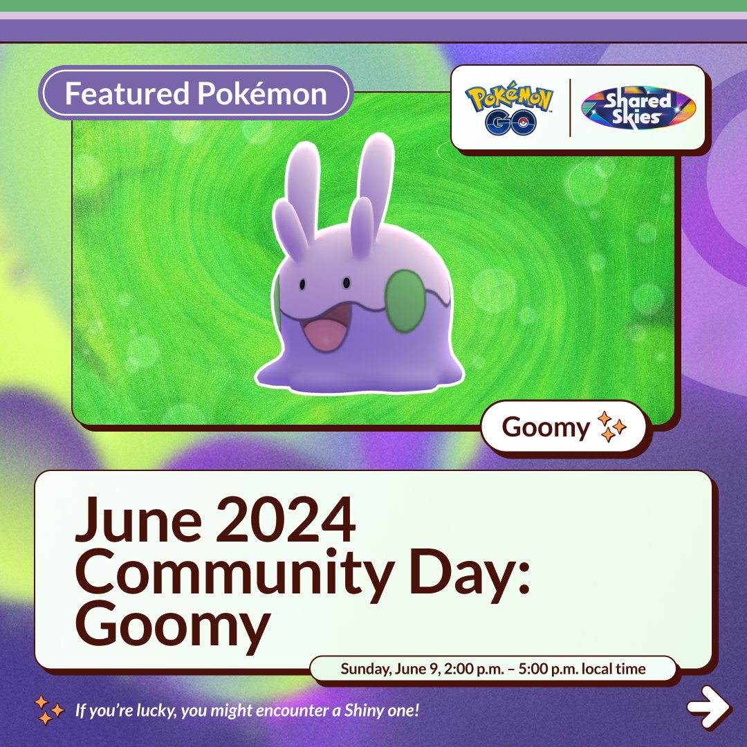 PokemonGoApp's tweet image. There’s something slimy in the shade! 💧

Goomy, the Soft Tissue Pokémon, will be sliding throughout #PokemonGOCommunityDay on June 9 from 2:00 p.m. to 5:00 p.m. local time.

pokemongolive.com/post/community…