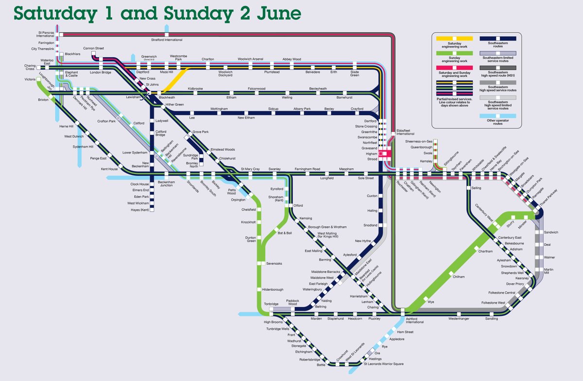 🚧 Engineering work this weekend: Sat & Sun: Buses replace trains via #Strood all weekend. On Sunday, buses also replace trains via #CanterburyWest & #Sevenoaks. Also on Sunday there are no trains from #LondonVictoria More Info: southeasternrailway.co.uk/travel-informa…