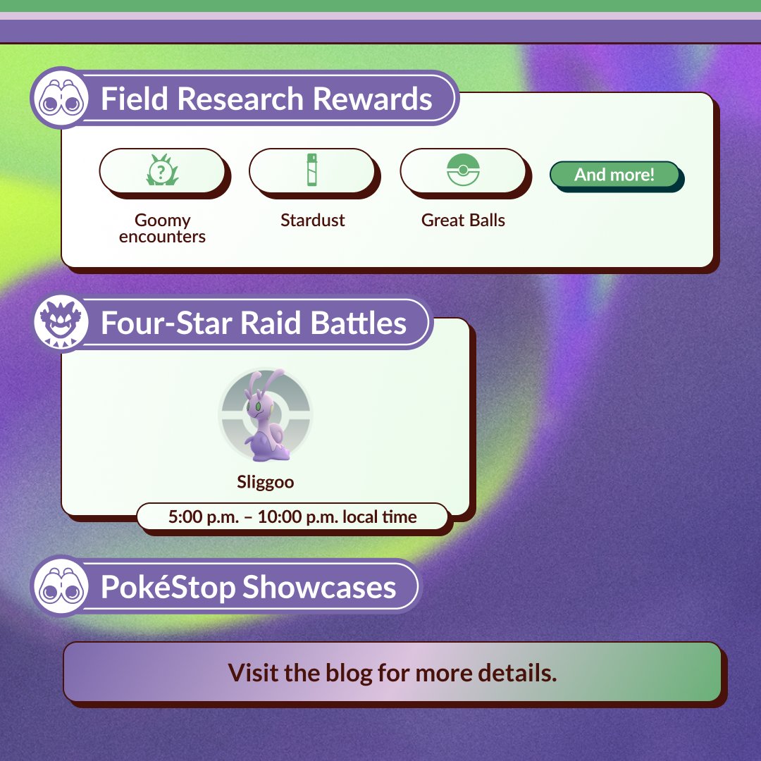 PokemonGoApp's tweet image. There’s something slimy in the shade! 💧

Goomy, the Soft Tissue Pokémon, will be sliding throughout #PokemonGOCommunityDay on June 9 from 2:00 p.m. to 5:00 p.m. local time.

pokemongolive.com/post/community…