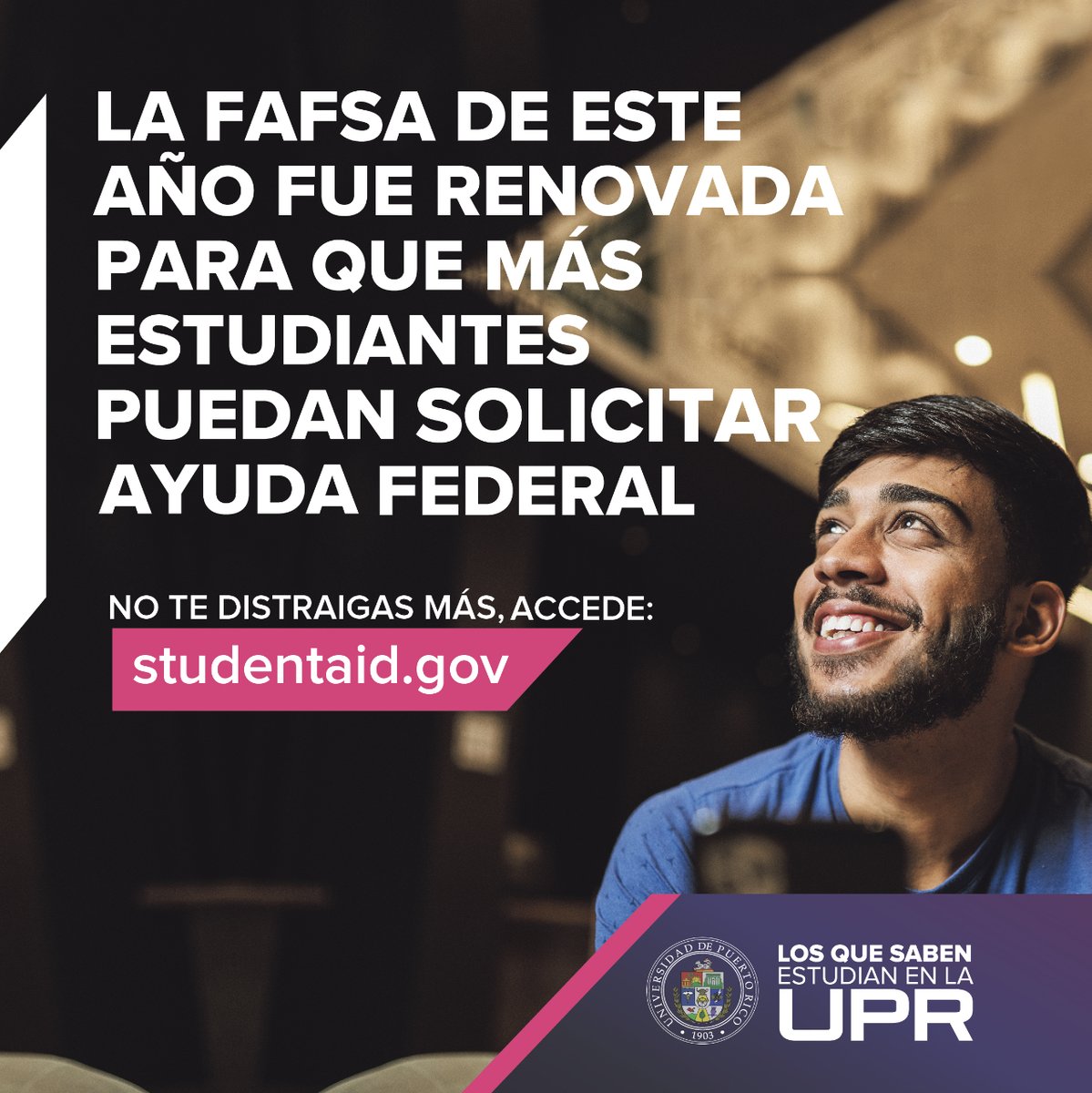 Queremos ayudarte a que completes una carrera universitaria en la #UPR, por eso te invitamos a llenar la nueva y mejorada #FAFSA. ¡Hazlo hoy!

Aquí un enlace de lo que debes saber: ed.gov/Better-FAFSA-es

#FAFSAFastBreak #FAFSAFastBreak #UPRFAFSA