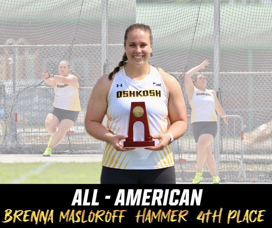UWOTF_CC's tweet photo. Brenna Masloroff earned her first outdoor All-American in the hammer throw with a 4th place finish!

To add to an amazing day, she also set a new PR of 58.50m and is now #7 in school history. https://t.co/aP938cLt96