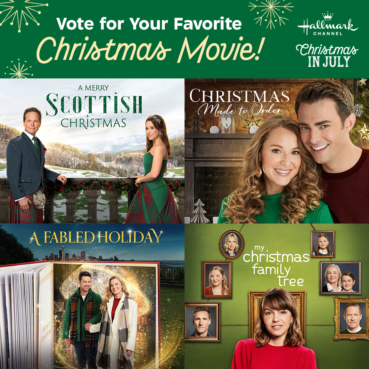 Ready for another #ChristmasInJuly Fan Favorite marathon poll? Your choices are:
 
#AMerryScottishChristmas
#ChristmasMadeToOrder
#AFabledHoliday
#MyChristmasFamilyTree

Reply with your favorite for a chance to see it in July!