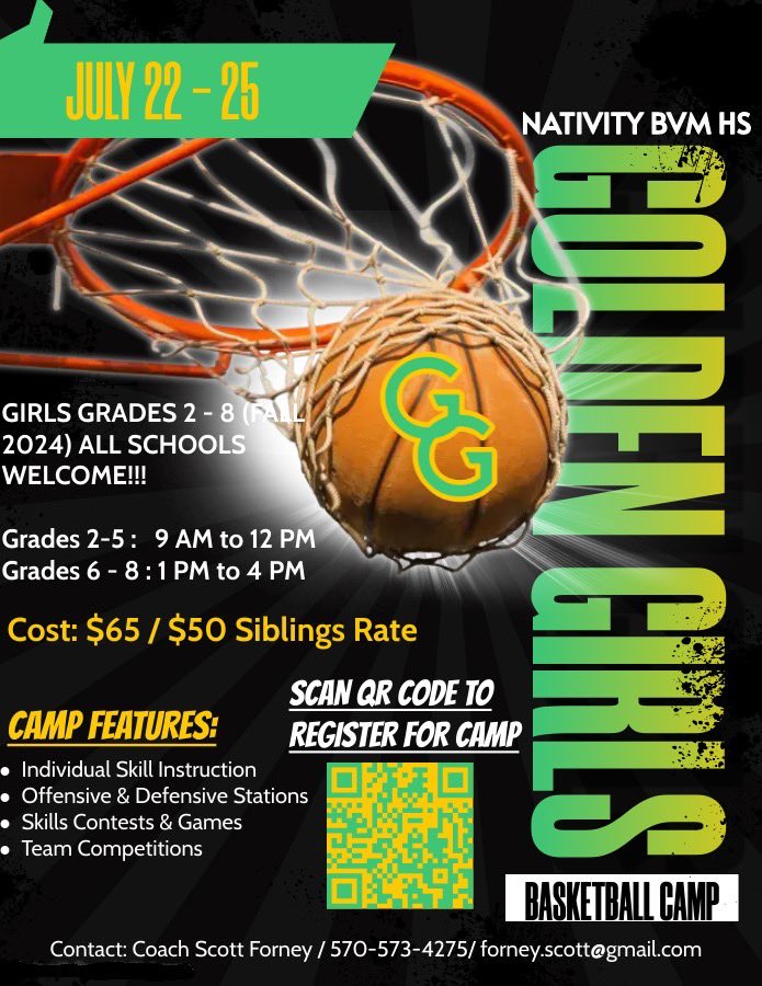 Forney_Dadof4's tweet photo. Nativity Golden Girls Camp 
To register scan QR code on flyer or follow this link: https://t.co/L1DUu5pbaD https://t.co/EOWp0f3ZTo