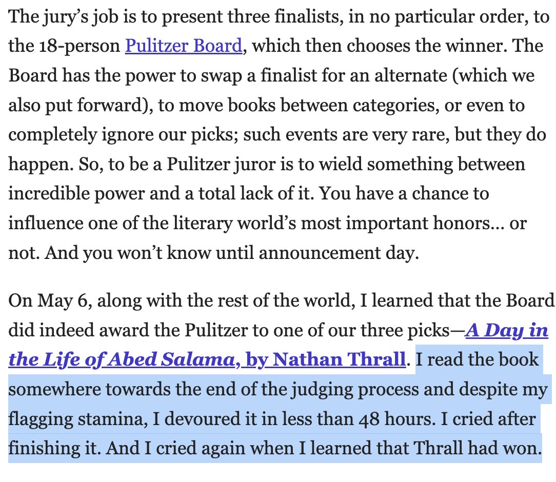 Blown away by @PulitzerPrizes judge Ed Yong's account of choosing this year's finalists. Ed described crying after finishing A Day in the Life of Abed Salama, and crying again after learning it had won. Can hardly believe colleagues this generous exist. buttondown.email/edyong209/arch…