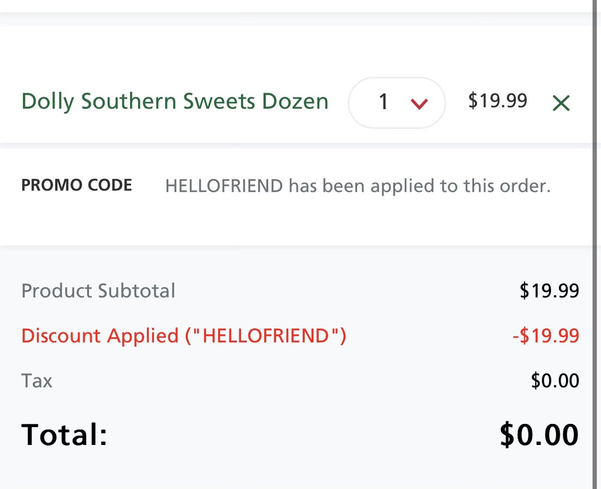 FREE DOZEN DONUTS GLITCH 🍩 

1. Sign into KrispyKreme.com
2. Add the “Dolly Southern Sweets Dozen” to cart
3. Use code ‘HELLOFRIEND’
4. Enjoy your free dozen 

RT to feed a friend 🔃